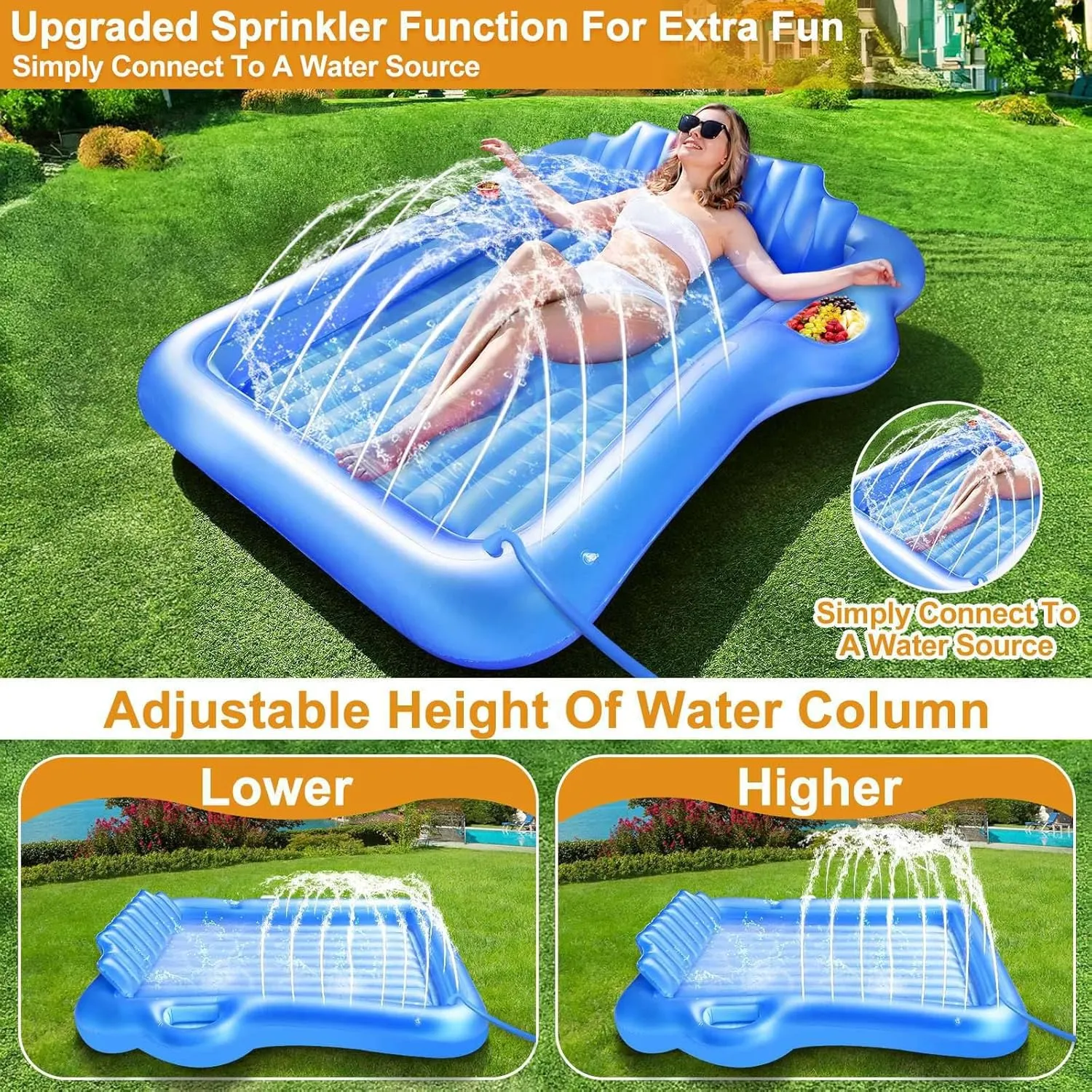 Inflatable Tanning Pool Lounger Float with Sprinkler, 71" x 47" Large Pool Floats Adult with Pillow Cooler Tray, 6 in 1 Suntan Tub Raft Floatie Sunbathing Bed Water Summer Backyard Fun L-Blue