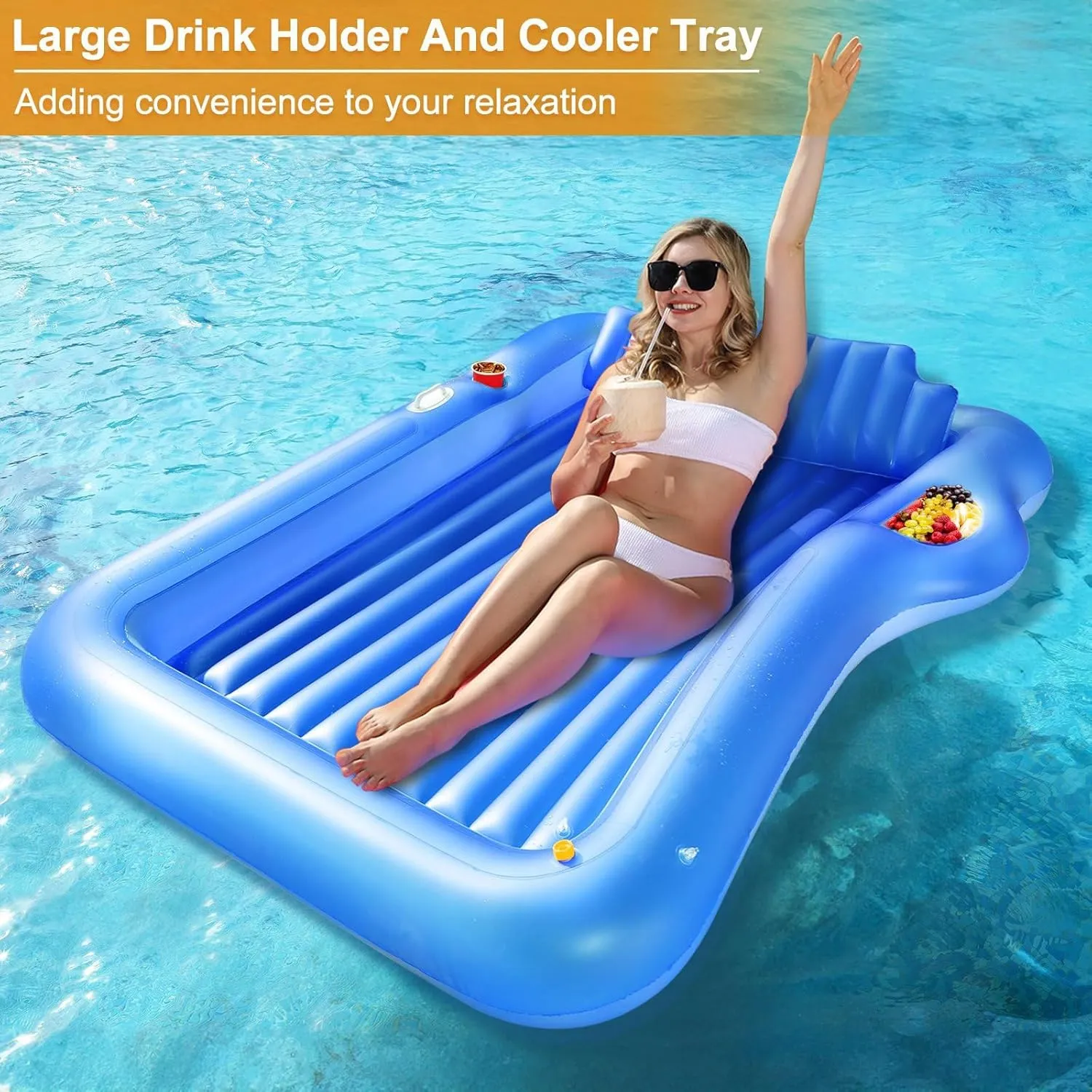 Inflatable Tanning Pool Lounger Float with Sprinkler, 71" x 47" Large Pool Floats Adult with Pillow Cooler Tray, 6 in 1 Suntan Tub Raft Floatie Sunbathing Bed Water Summer Backyard Fun L-Blue