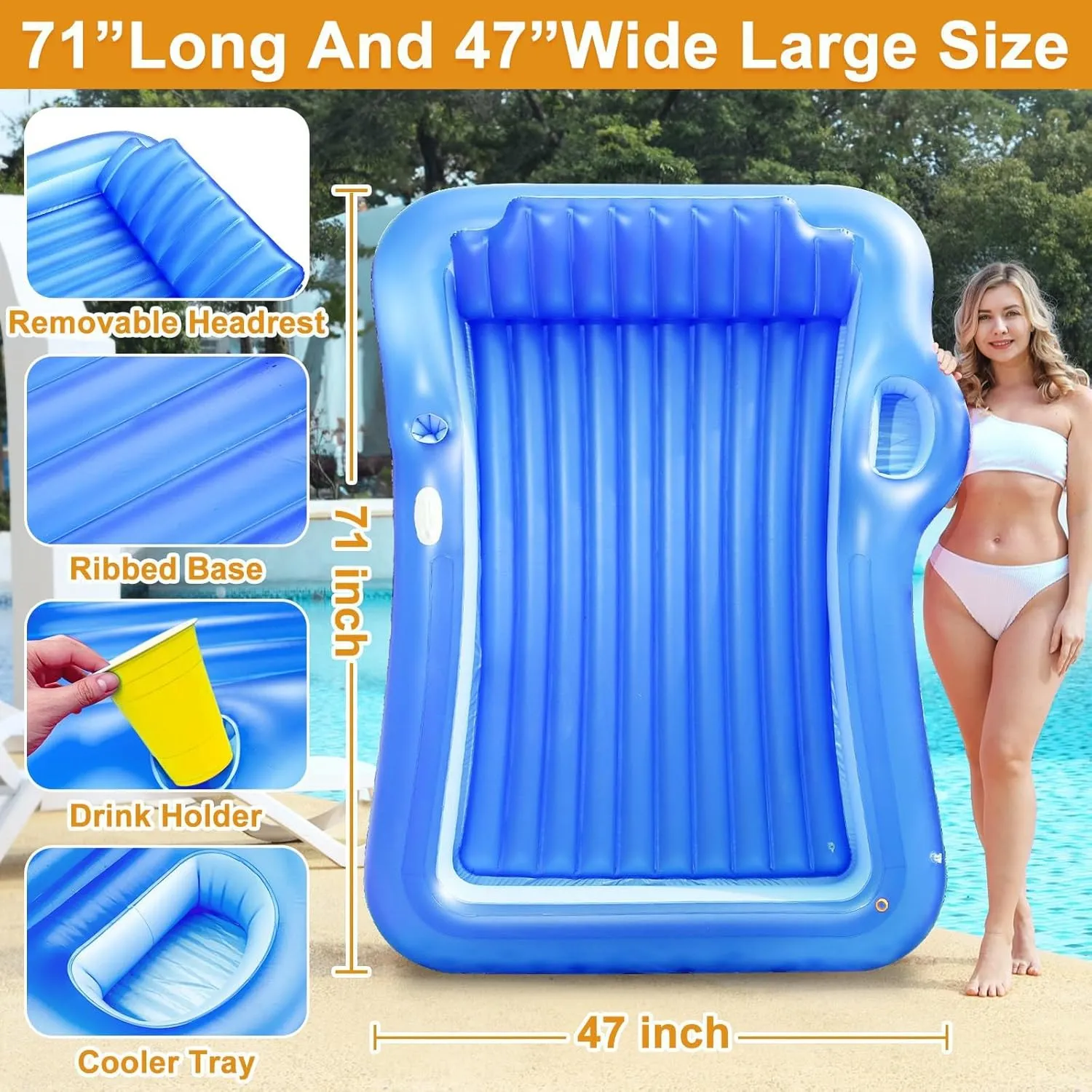 Inflatable Tanning Pool Lounger Float with Sprinkler, 71" x 47" Large Pool Floats Adult with Pillow Cooler Tray, 6 in 1 Suntan Tub Raft Floatie Sunbathing Bed Water Summer Backyard Fun L-Blue