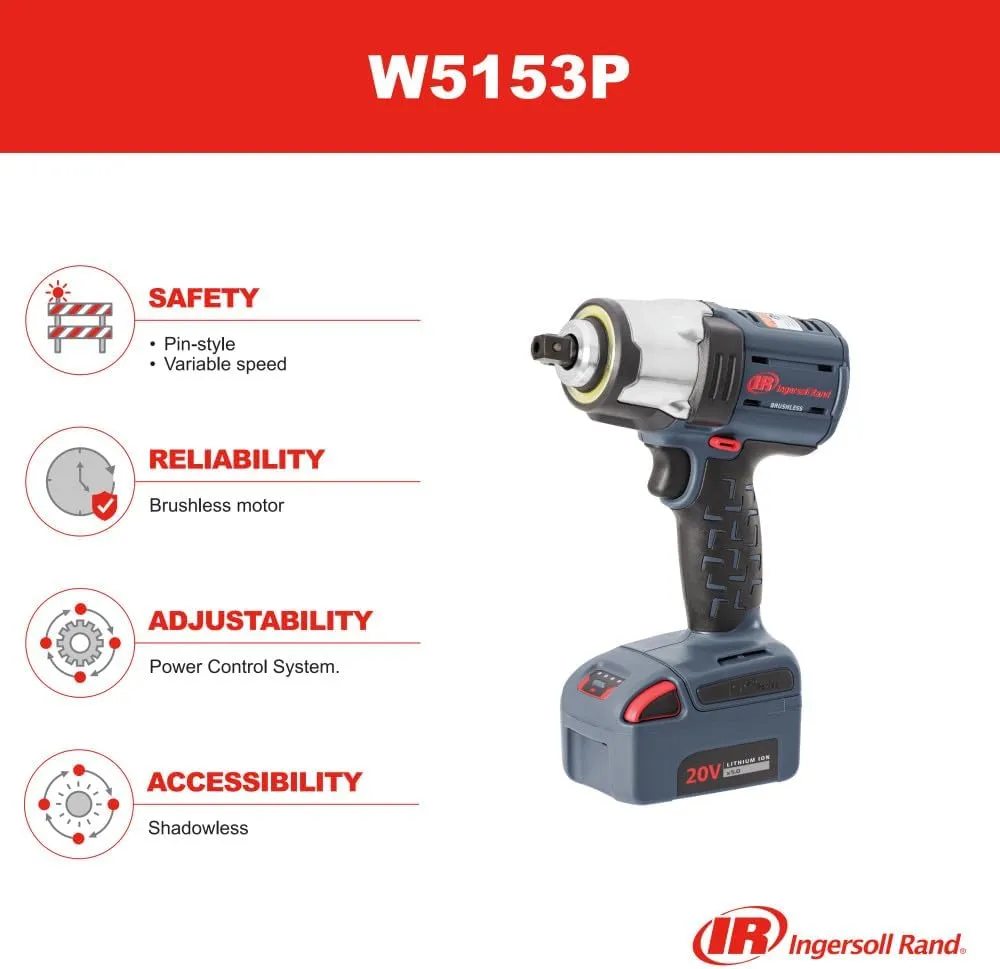 Ingersoll Rand W5153P 1/2" 20V Cordless Impact Wrench, 550 ft-lb Torque, Pin Retainer, Pistol, Bare Tool