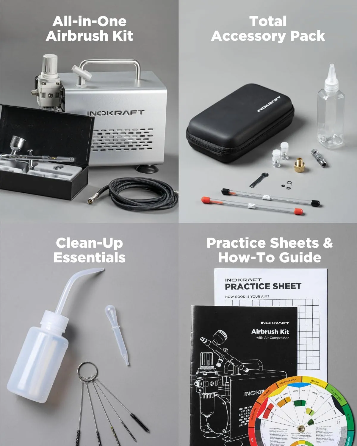 InoKraft Airbrush Kit with Air Compressor- 1/6 HP Quiet Air Compressor, Gravity Airbrush with 3 Tips 0.2, 0.3 & 0.5 mm- Hose, Holder, How-To Guide- Airbrush Paint Set for Model Painting gift 4 Colors