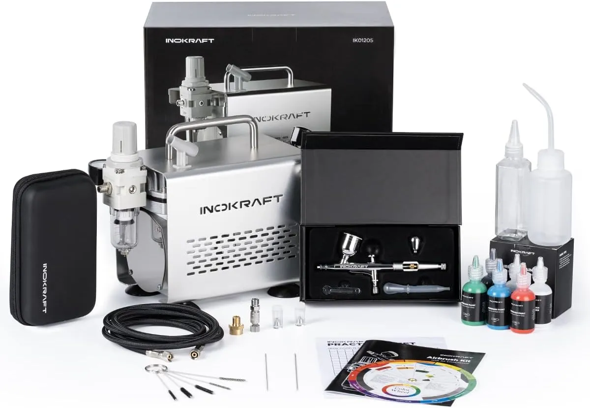 InoKraft Airbrush Kit with Air Compressor- 1/6 HP Quiet Air Compressor, Gravity Airbrush with 3 Tips 0.2, 0.3 & 0.5 mm- Hose, Holder, How-To Guide- Airbrush Paint Set for Model Painting gift 4 Colors