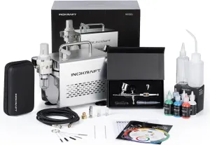 InoKraft Airbrush Kit with Air Compressor- 1/6 HP Quiet Air Compressor, Gravity Airbrush with 3 Tips 0.2, 0.3 & 0.5 mm- Hose, Holder, How-To Guide- Airbrush Paint Set for Model Painting gift 4 Colors
