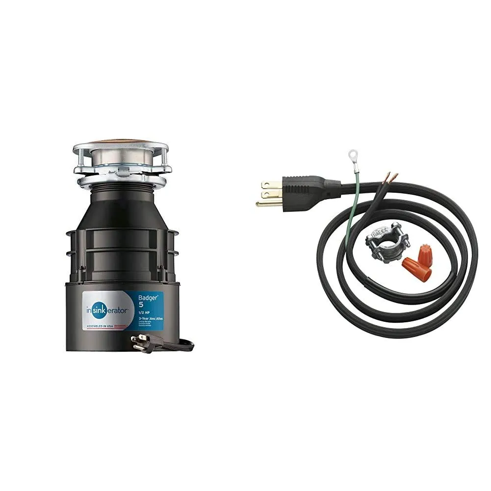 InSinkErator Garbage Disposal, Badger 5, Standard Series, 1/2 HP Continuous Feed, Black & Garbage Disposal Power Cord Kit, CRD-00, Black, Pack of 1