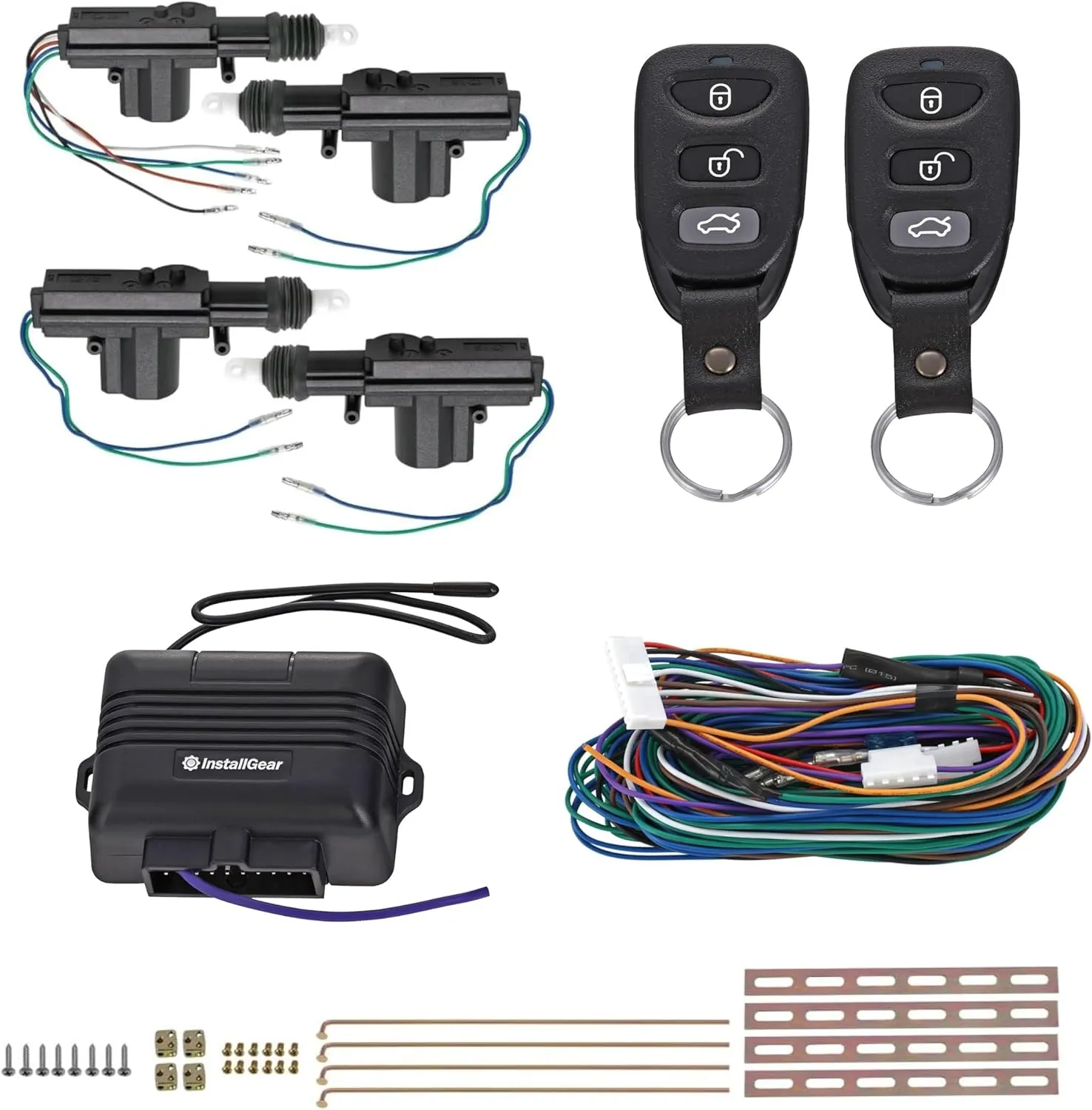 InstallGear Keyless Entry System With Two 3-Button Remotes and 4 Door Actuators - Central Locking System for Car, Auto, Truck - Power Lock Kit