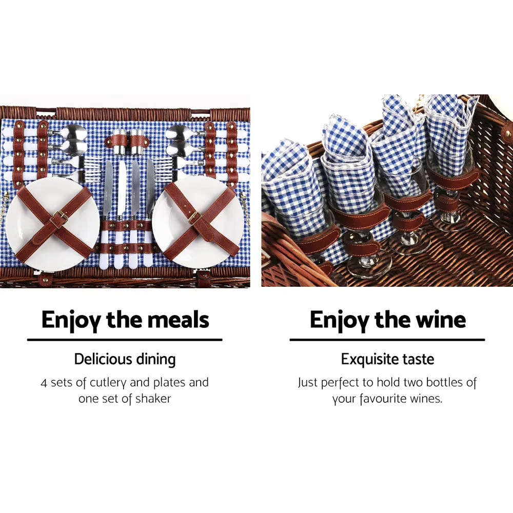 Insulated 4 Person Willow Picnic Basket Set with Blanket and Storage Bag