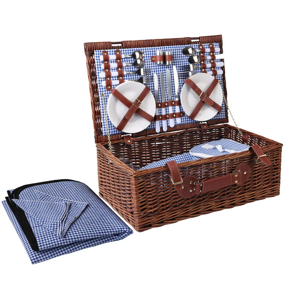 Insulated 4 Person Willow Picnic Basket Set with Blanket and Storage Bag