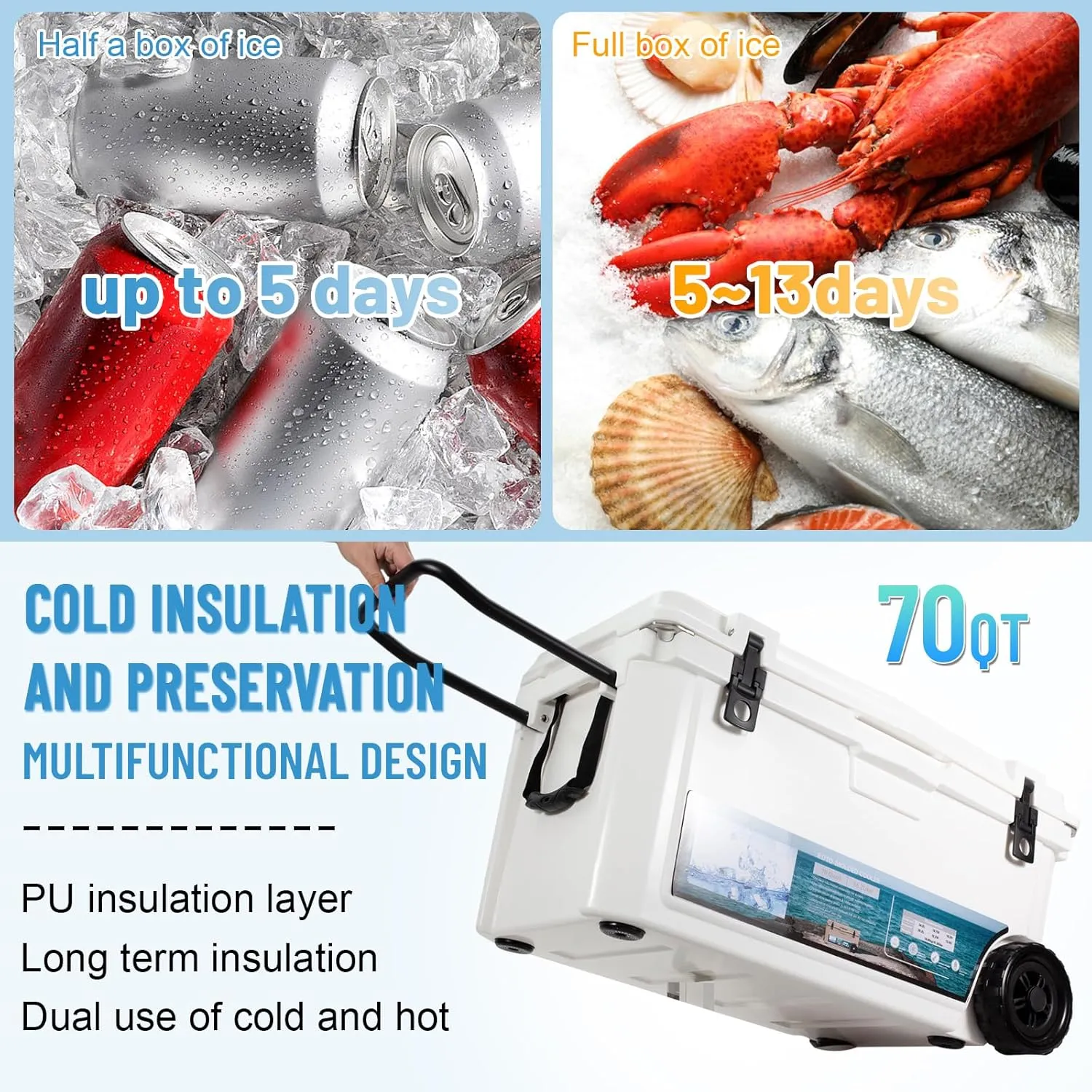 Insulated Portable Cooler with Heavy Duty Handles, Leak-Proof Outdoor Hard Cooler for Beach, Fishing, Camping, Tailgating, Sports