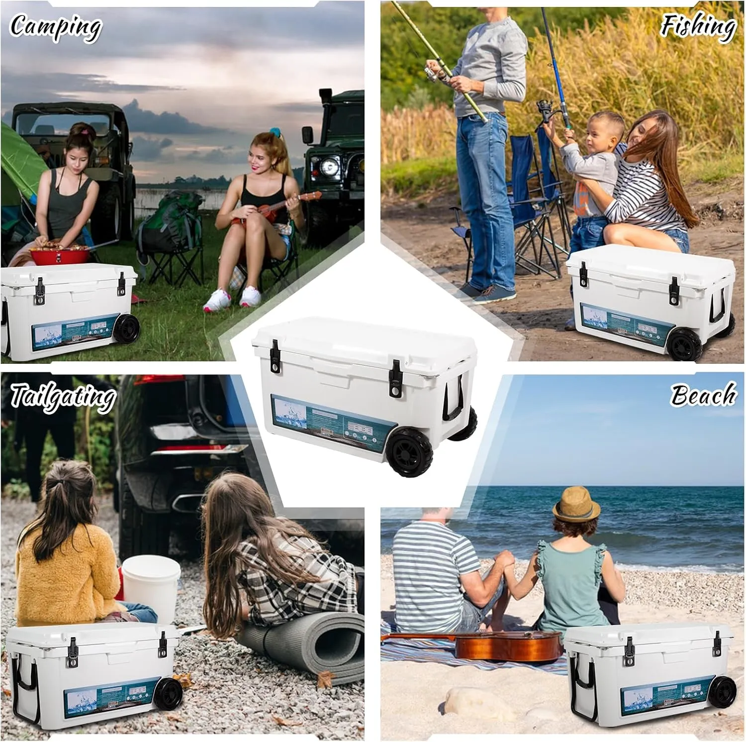 Insulated Portable Cooler with Heavy Duty Handles, Leak-Proof Outdoor Hard Cooler for Beach, Fishing, Camping, Tailgating, Sports