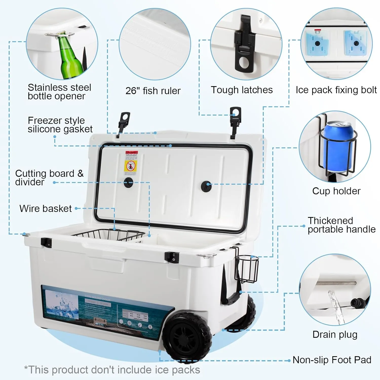 Insulated Portable Cooler with Heavy Duty Handles, Leak-Proof Outdoor Hard Cooler for Beach, Fishing, Camping, Tailgating, Sports