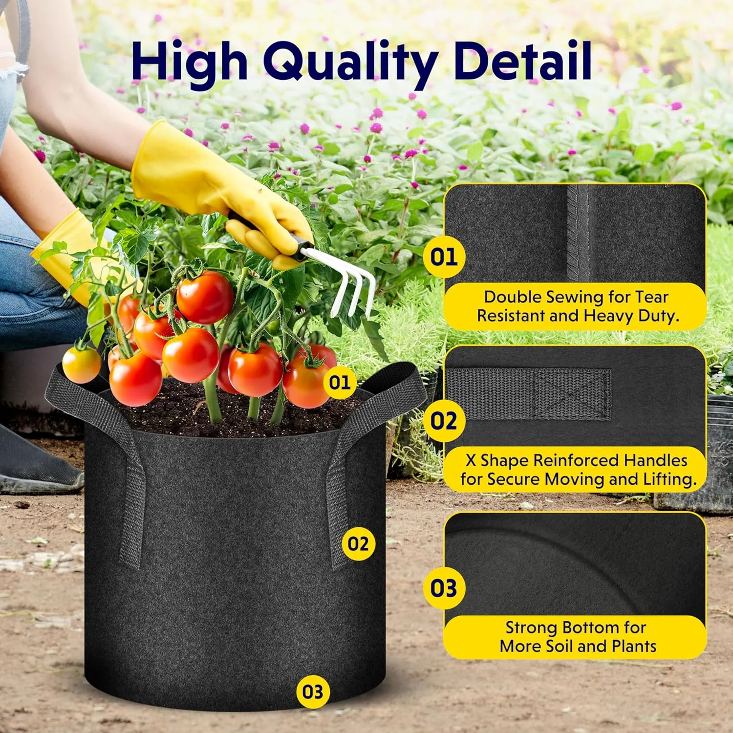 iPower 5 Pack 10 Gallon Grow Bags, Garden Planting Nonwoven Fabric Pots with Reinforced Handle, Heavy Duty and Aeration Planter Pot for Tomato, Fruits, Vegetables and Flowers