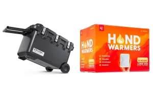 IRIS USA Bundle of Hugel 64 QT Insulated Cooler w/Wheels   60 Large Hand Warmers – Heavy Duty Ice Chest w/Vacuum Panels, Built-in Handles – 18-Hour Heat for Camping, Fishing, Tailgating, Travel