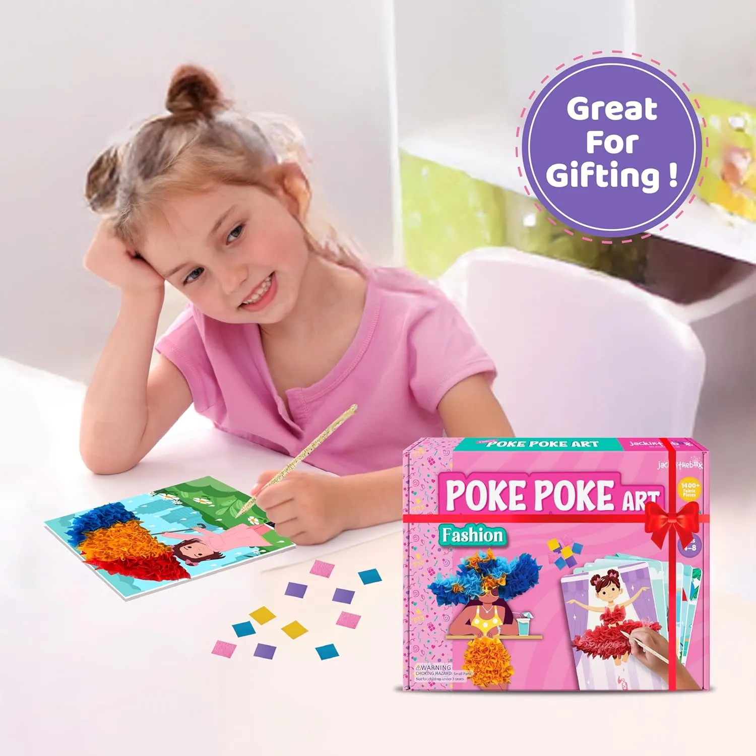jackinthebox Poke Poke Art for Kids – Fashion Theme Dress Decorations for Princess, Winter, Monsoon, Hawai, Beach, Ballerina, Mess-Free Sewing Art for Kids, Gift for Girls and Boys Ages 4 5 6 7 8