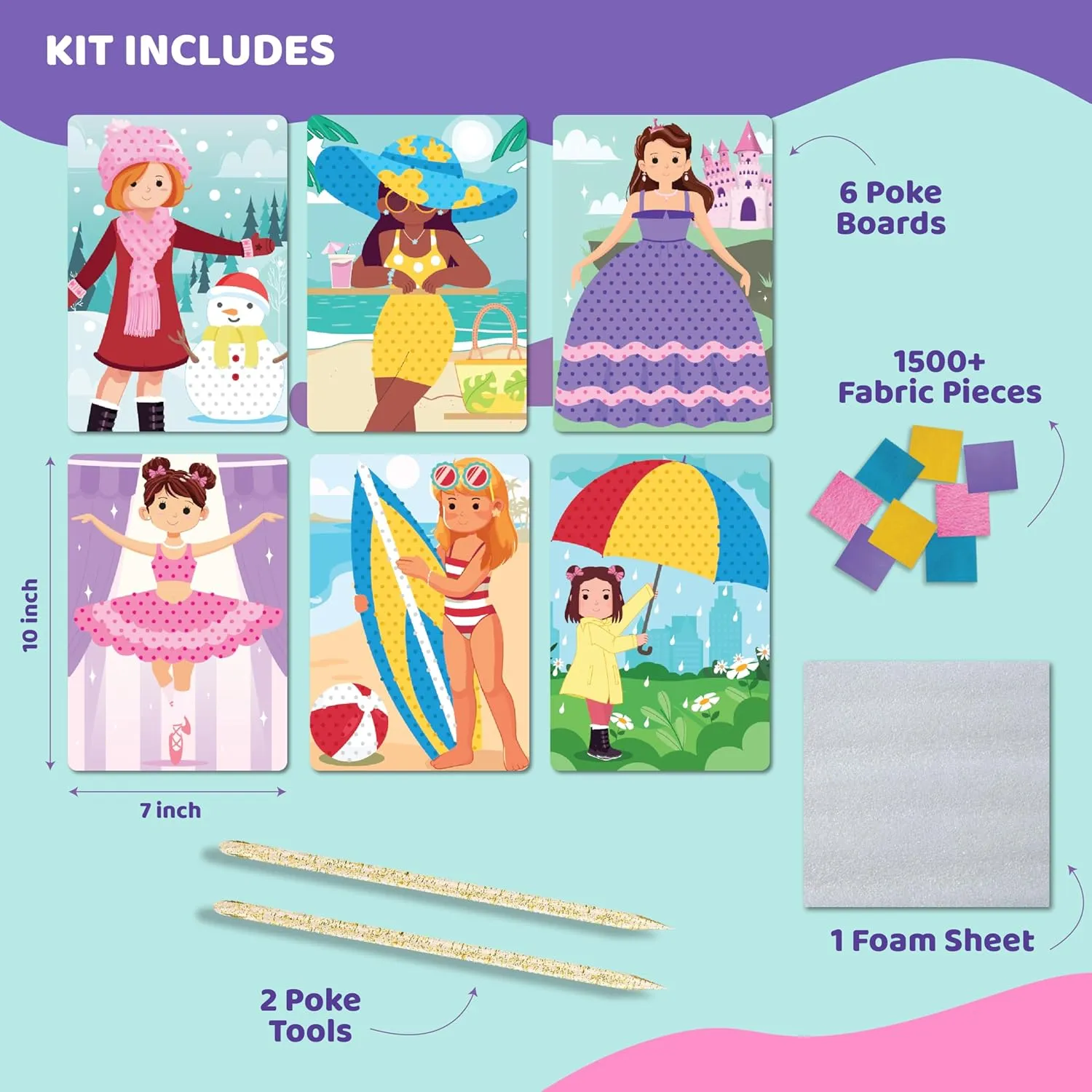jackinthebox Poke Poke Art for Kids – Fashion Theme Dress Decorations for Princess, Winter, Monsoon, Hawai, Beach, Ballerina, Mess-Free Sewing Art for Kids, Gift for Girls and Boys Ages 4 5 6 7 8