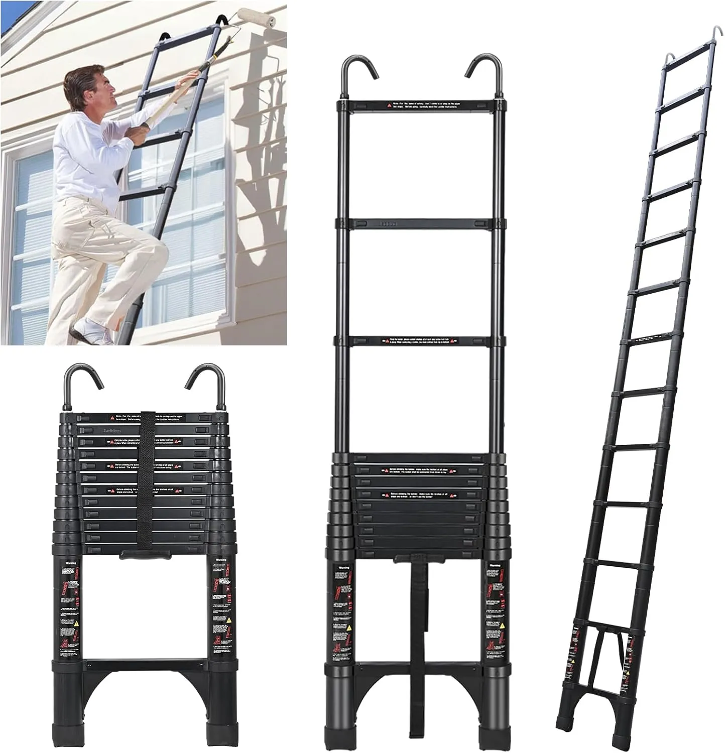 JADDUO 12.5 FT Telescopic Ladder, Aluminium Black Telescoping Ladder with Non-Slip Feet and Stable Hook, Portable Extension Ladder for Household and Outdoor Working, Heavy Duty 330 lbs Max Capacity