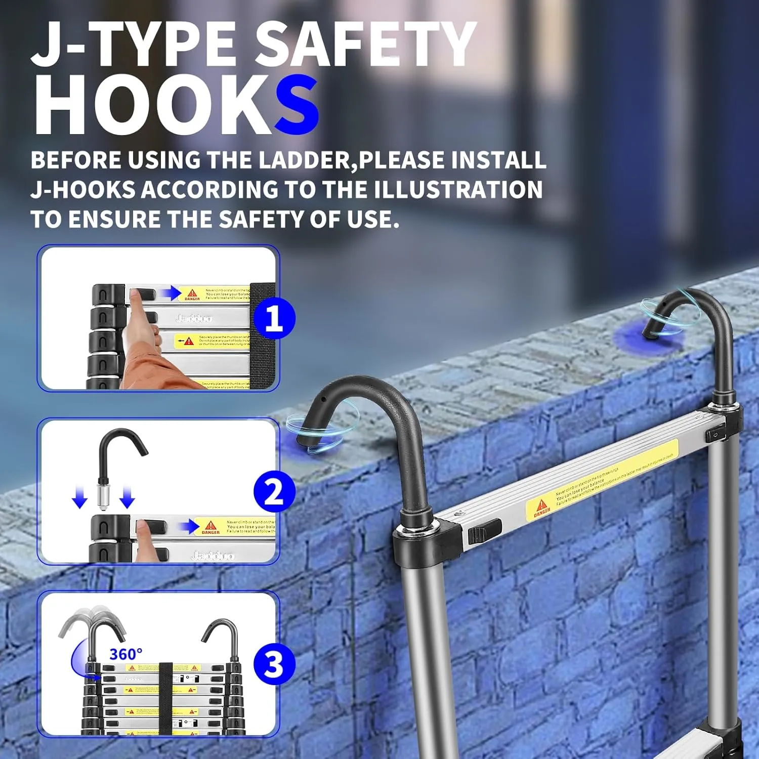 JADDUO 12.5 FT Telescopic Ladder, Aluminium Black Telescoping Ladder with Non-Slip Feet and Stable Hook, Portable Extension Ladder for Household and Outdoor Working, Heavy Duty 330 lbs Max Capacity