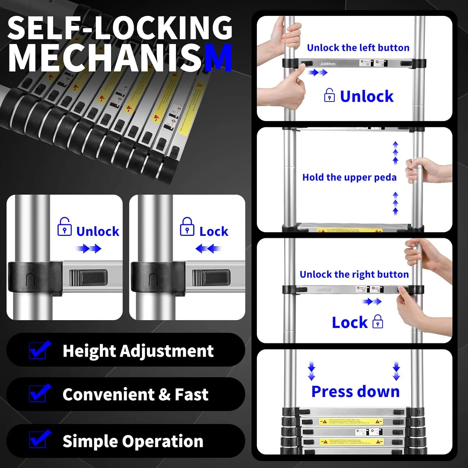 JADDUO 12.5 FT Telescopic Ladder, Aluminium Black Telescoping Ladder with Non-Slip Feet and Stable Hook, Portable Extension Ladder for Household and Outdoor Working, Heavy Duty 330 lbs Max Capacity