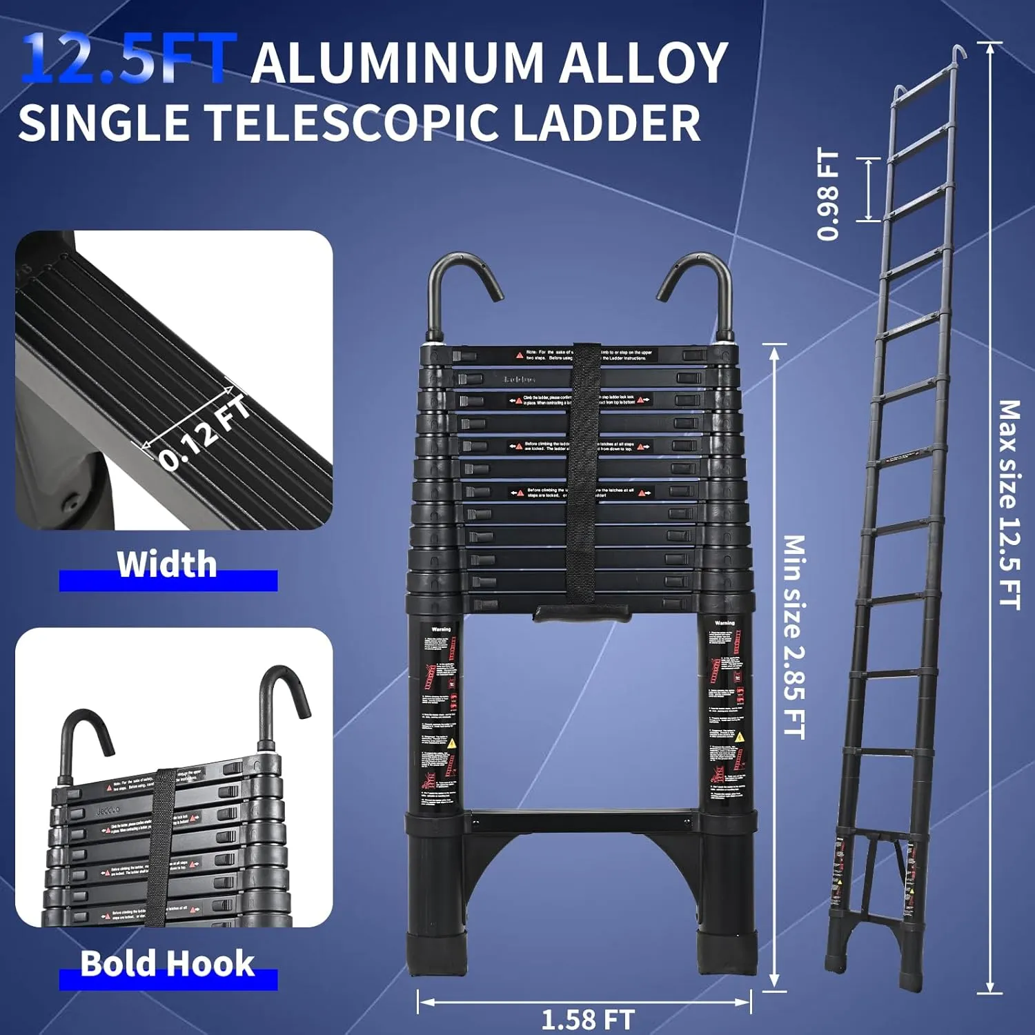 JADDUO 12.5 FT Telescopic Ladder, Aluminium Black Telescoping Ladder with Non-Slip Feet and Stable Hook, Portable Extension Ladder for Household and Outdoor Working, Heavy Duty 330 lbs Max Capacity