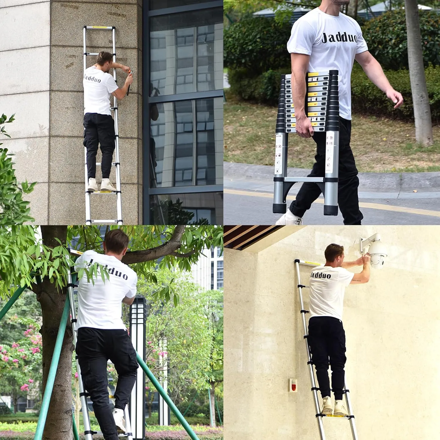 JADDUO 12.5 FT Telescopic Ladder, Aluminium Black Telescoping Ladder with Non-Slip Feet and Stable Hook, Portable Extension Ladder for Household and Outdoor Working, Heavy Duty 330 lbs Max Capacity