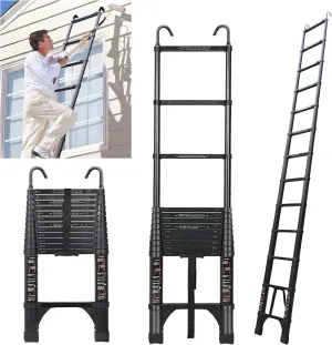 JADDUO 12.5 FT Telescopic Ladder, Aluminium Black Telescoping Ladder with Non-Slip Feet and Stable Hook, Portable Extension Ladder for Household and Outdoor Working, Heavy Duty 330 lbs Max Capacity