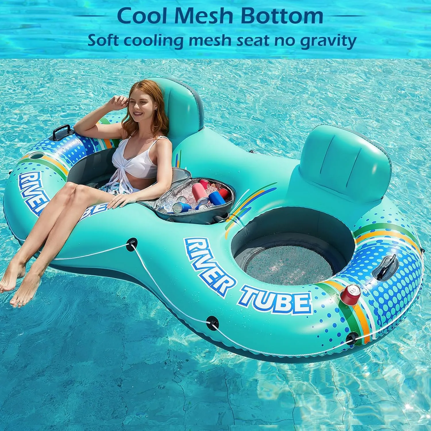 Jasonwell Inflatable River Tube Float - 2 Person Heavy Duty River Float Pool Floats with Removable Cooler Lake Water Tubes for Floating River Raft Lounge Floatie with 2 Cup Holders for Adults (Cyan)