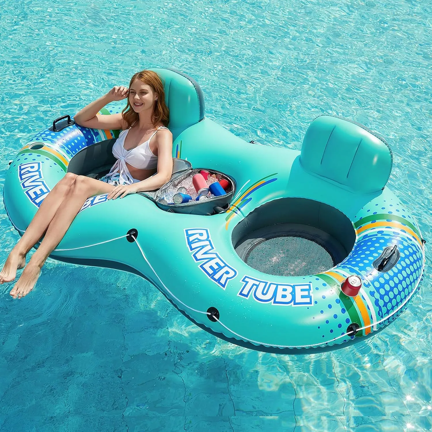 Jasonwell Inflatable River Tube Float - 2 Person Heavy Duty River Float Pool Floats with Removable Cooler Lake Water Tubes for Floating River Raft Lounge Floatie with 2 Cup Holders for Adults (Cyan)