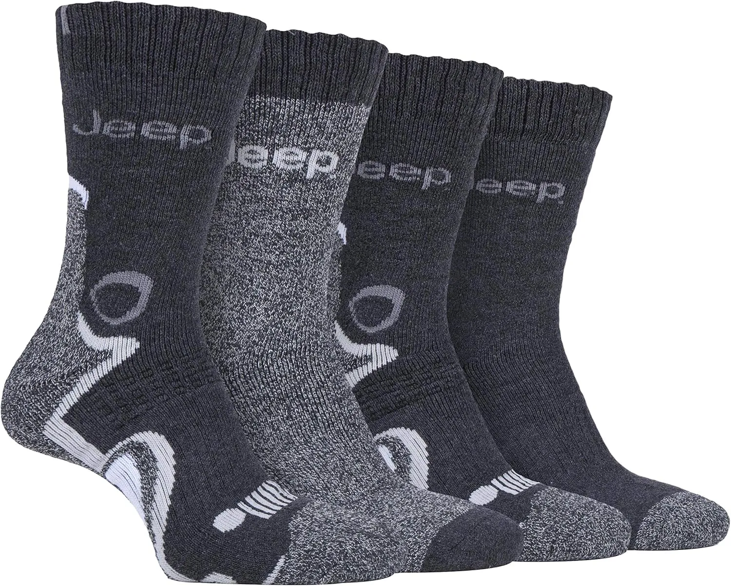 JEEP - 4 Pack Performance Anti Blister Thick Hiking Walking Boot Cushioned Socks (7-12 US, Navy/Grey)