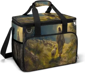 Jesus Walking on A Grassy Path with A Lamb Camping Cooler Bags Insulated Beach Cooler Portable Leak Proof Camping Cooler with Shoulder Strap