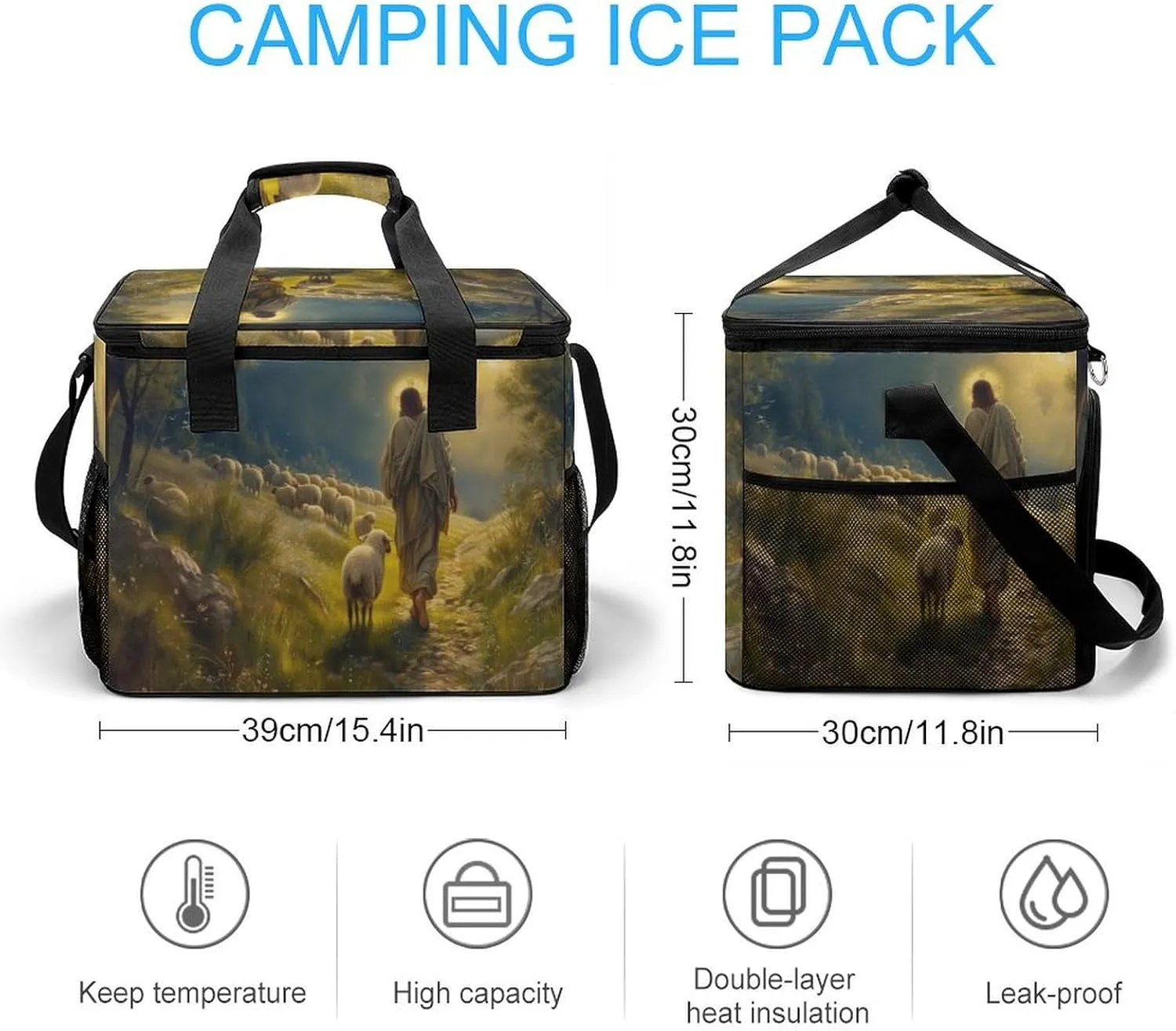 Jesus Walking on A Grassy Path with A Lamb Camping Cooler Bags Insulated Beach Cooler Portable Leak Proof Camping Cooler with Shoulder Strap