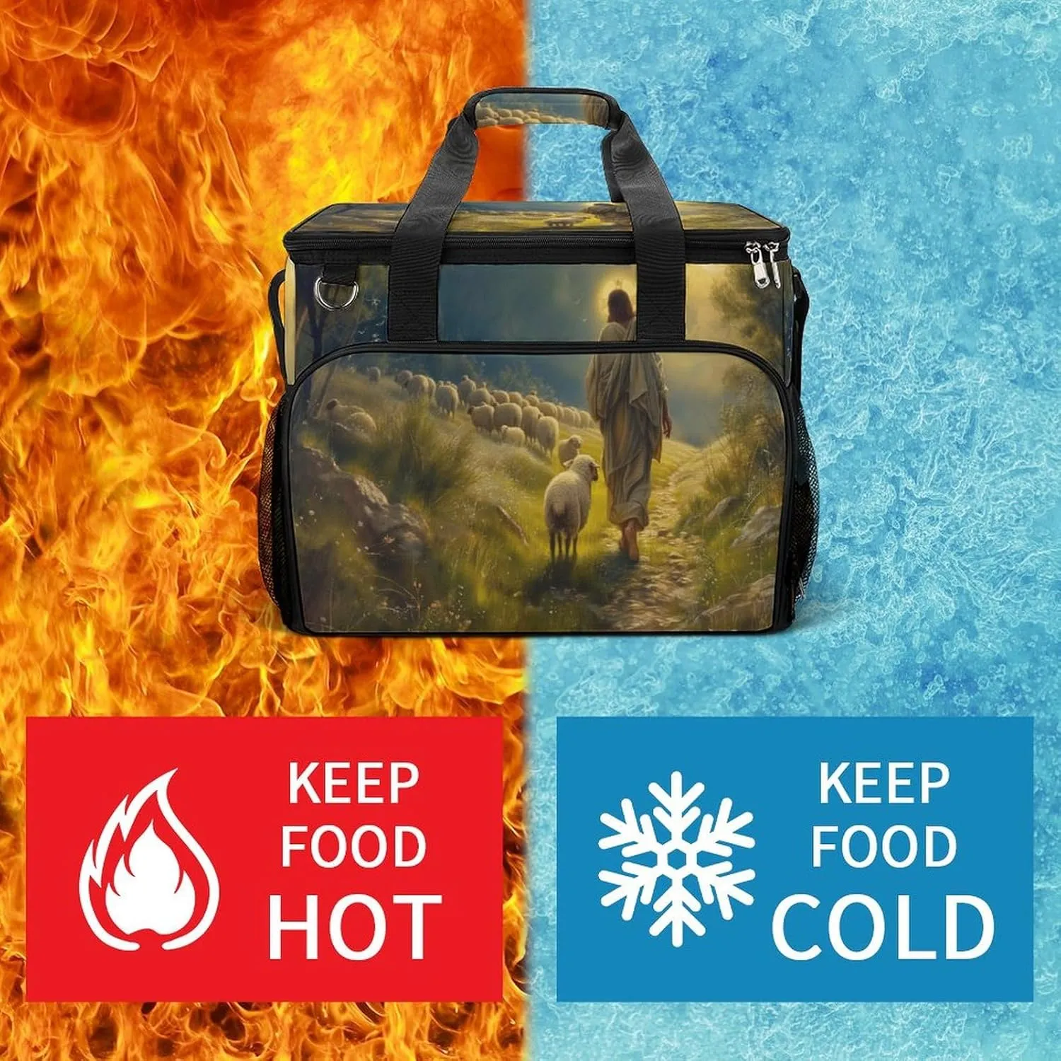Jesus Walking on A Grassy Path with A Lamb Camping Cooler Bags Insulated Beach Cooler Portable Leak Proof Camping Cooler with Shoulder Strap
