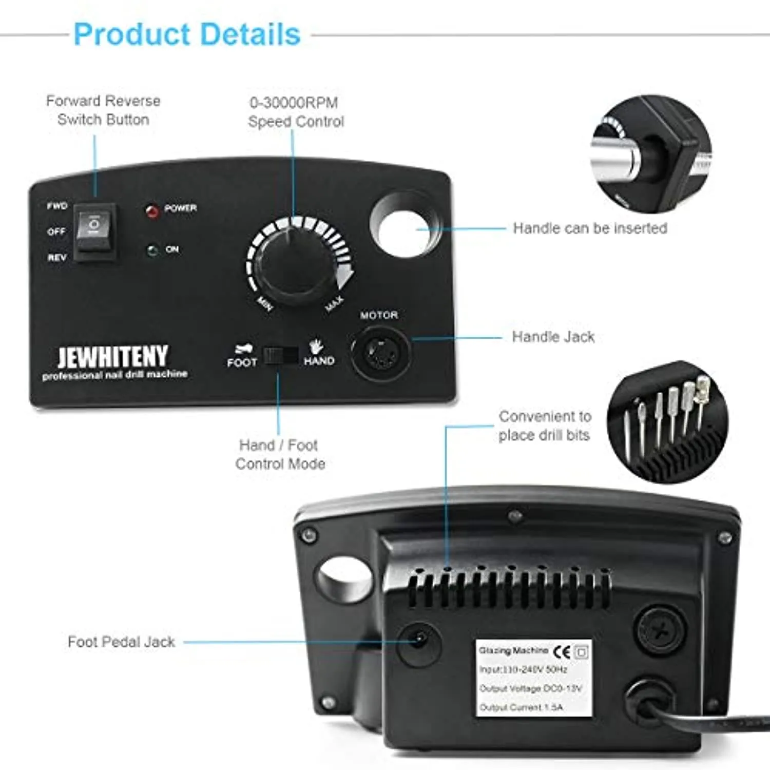 JEWHITENY Professional Nail Drill Machine 30000RPM Light Acrylic Electric Nail File Kits for Remove Nail Gel Polish Nail Drills for Acrylic Nails Design for Home Salon Use 110-240V(Black)