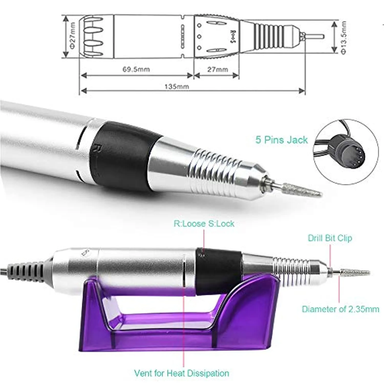 JEWHITENY Professional Nail Drill Machine 30000RPM Light Acrylic Electric Nail File Kits for Remove Nail Gel Polish Nail Drills for Acrylic Nails Design for Home Salon Use 110-240V(Black)