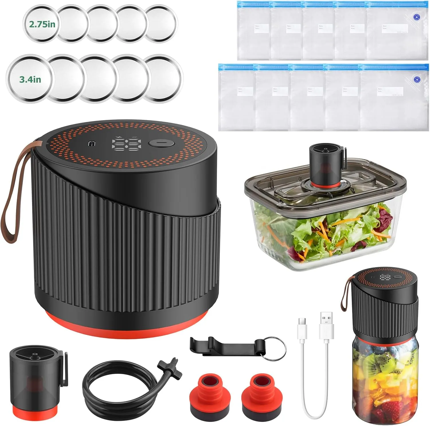 JiGiU 3 in 1 Automatic Electric Mason Jar Vacuum Sealer Kit Vacuum Sealer Machine for Jars, Vacuum Bag, Wine Bottle, Wide and Regular Mouth Mason Jar Lids