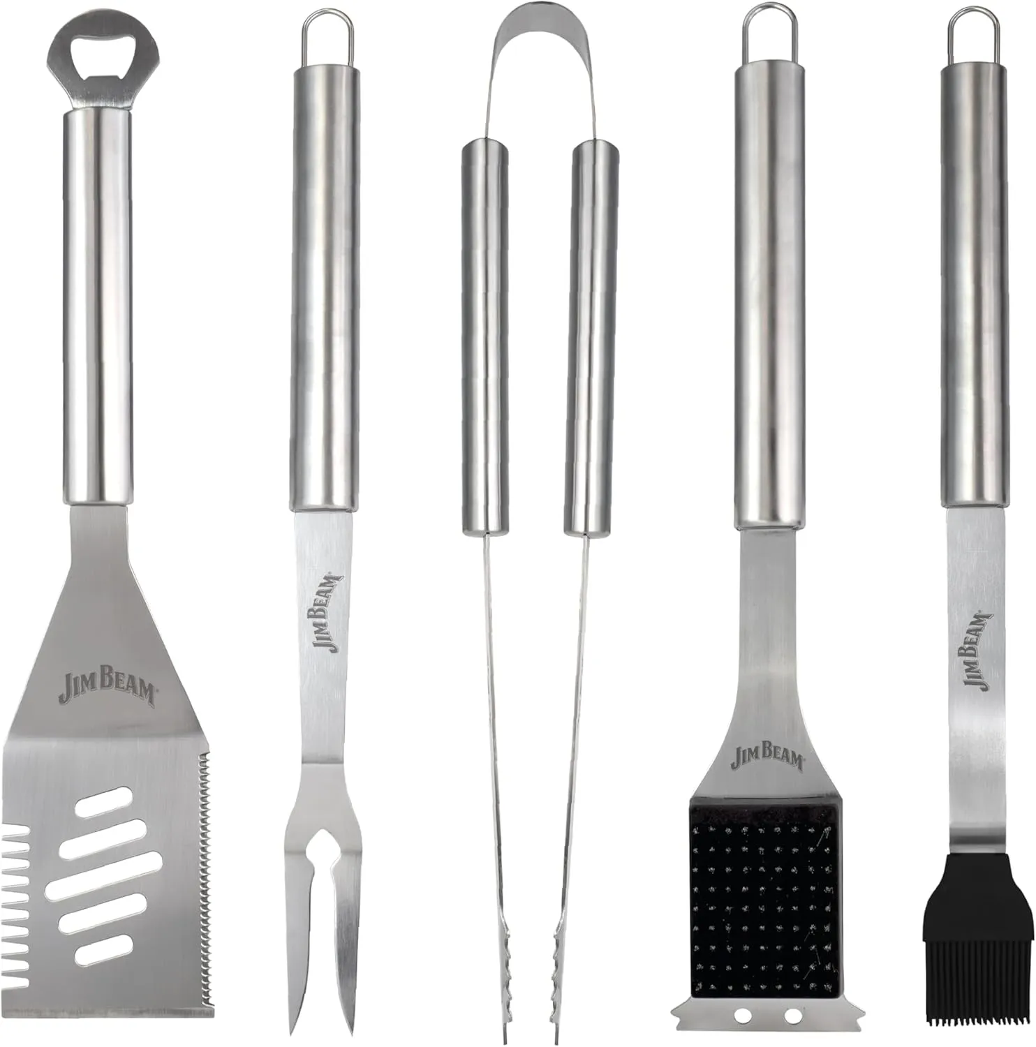 Jim Beam® 5 Piece Stainless Steel BBQ Tool Set - 2-Prong Fork, 4-in-1 Spatula, Grilling Tongs, Basting Brush, Extra Long Handles