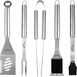 Jim Beam® 5 Piece Stainless Steel BBQ Tool Set - 2-Prong Fork, 4-in-1 Spatula, Grilling Tongs, Basting Brush, Extra Long Handles