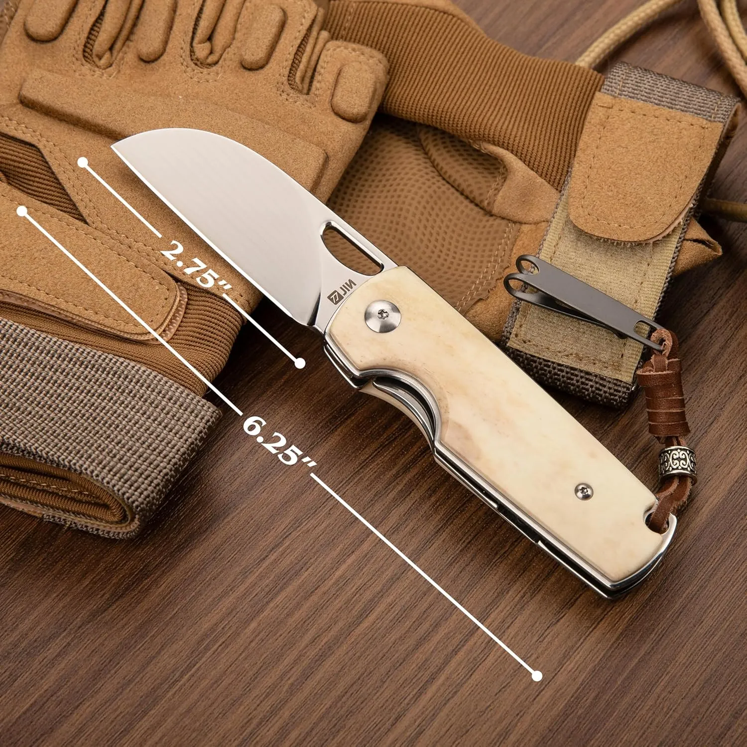 JIN Vaquero Pocket Knife for Men, 2.75" Polished Damascus Blade, Folding EDC with Bone Handle, DIY Kit