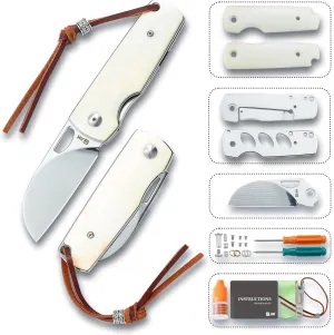 JIN Vaquero Pocket Knife for Men, 2.75" Polished Damascus Blade, Folding EDC with Bone Handle, DIY Kit