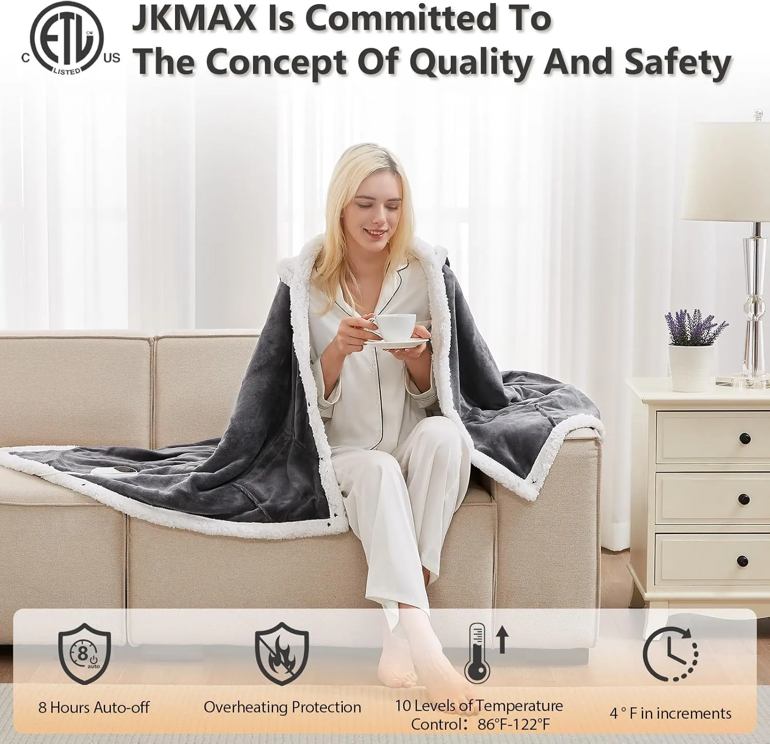 JKMAX Heated Electric Blanket Shawl - Wearable Heating Blanket Heated Throw Blanket - Heated Hoodie Poncho Wearable Sherpa Wrap with 10-Level Heating Auto-Off for Adults (40''x70'', Grey)