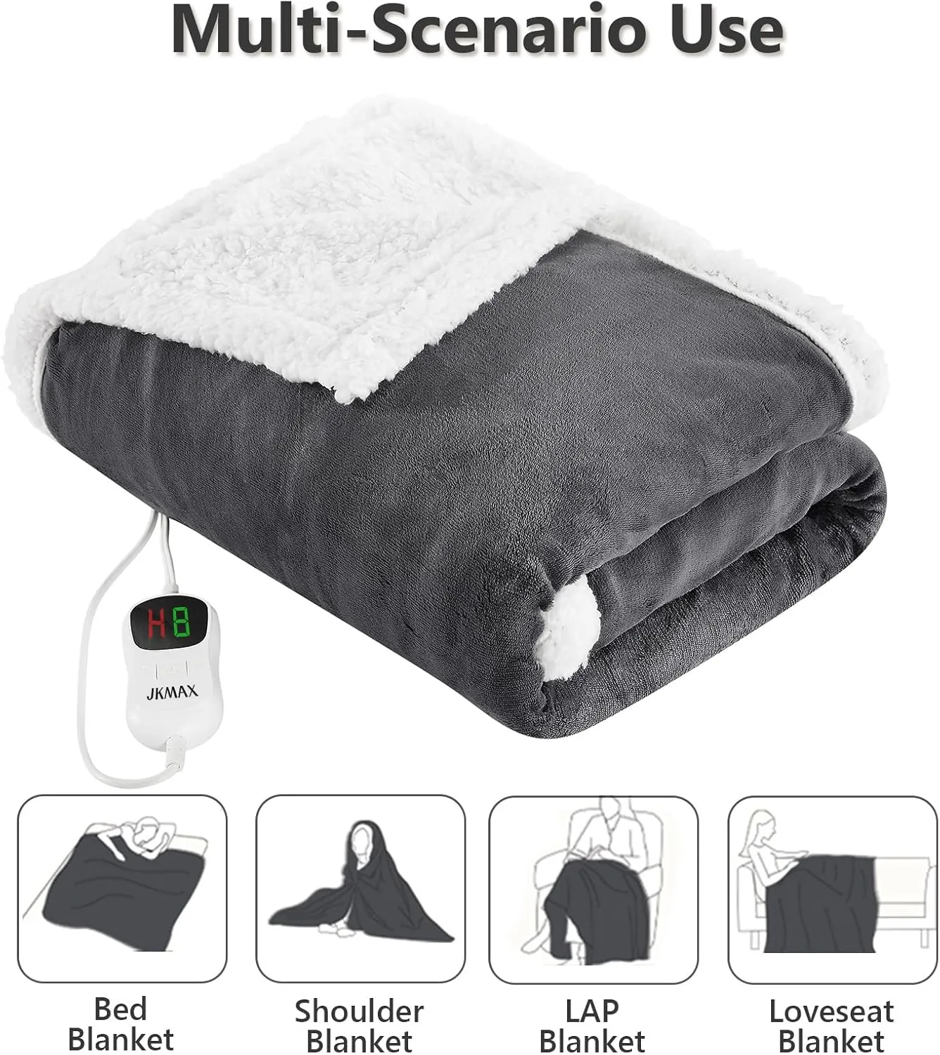JKMAX Heated Electric Blanket Shawl - Wearable Heating Blanket Heated Throw Blanket - Heated Hoodie Poncho Wearable Sherpa Wrap with 10-Level Heating Auto-Off for Adults (40''x70'', Grey)