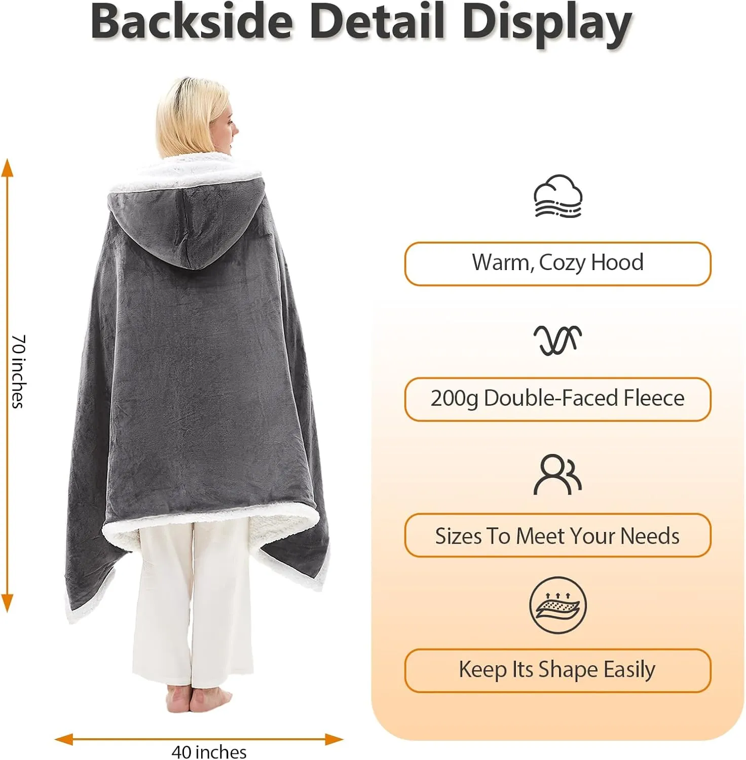 JKMAX Heated Electric Blanket Shawl - Wearable Heating Blanket Heated Throw Blanket - Heated Hoodie Poncho Wearable Sherpa Wrap with 10-Level Heating Auto-Off for Adults (40''x70'', Grey)