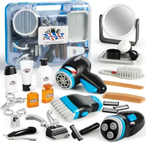 JOYIN Barber Shop Pretend Role Play Toy, 23 Pcs Kids Shaving Kit for Boys, Haircut Kit for Boys 3  Year Old Birthday Gift, Upgraded Toddler Role Play Set with Storage Box