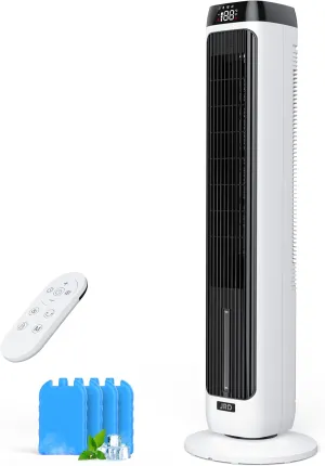 JRD 3-IN-1 Evaporative Air Cooler, 41" Portable Air Cooler with 3 Speeds, 5 Modes, Remote, 80° Oscillation Swamp Cooler with 12H Timer, Bladeless Tower Fan Cooling Fan for Bedroom Office Home