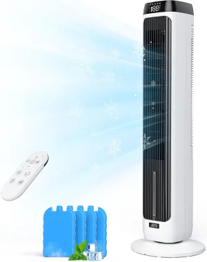 JRD 41" Evaporative Air Cooler, Bladeless Tower Fan with 12H Timer, 3 Speed, 5 Mode, Remote Control, 80° Oscillating, 3-IN-1 Portable Swamp Cooler Standing Floor Fan for Bedroom Office Indoor Room