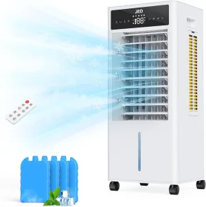 JRD Portable Air Conditioners, 3-IN-1 Evaporative Air Cooler with Remote, 2.4Gal Tank, 4 Ice Packs, 4 Modes, 3 Speeds, 12H Timer, Mist Function, Oscillation Swamp Cooler for Bedroom Home Office