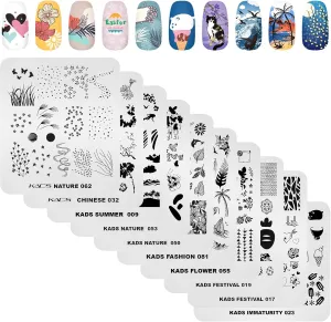 KADS 10 Pcs Nail Stamping Plates Nail Art Templates DIY Tool Heart Rabbit Flower Ice Cream Paraglider