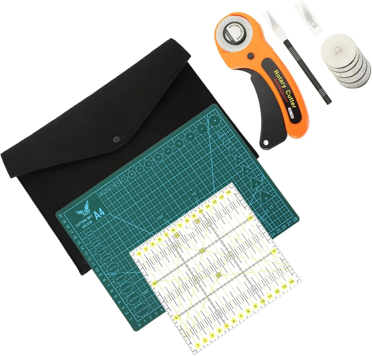 KALLORY 1Set Ergonomic Rotary Cutter Kit for Fabric DIY Carving Cutter with Storage Bag Easy to Use for Handed Users for Sewing and Quilting Projects