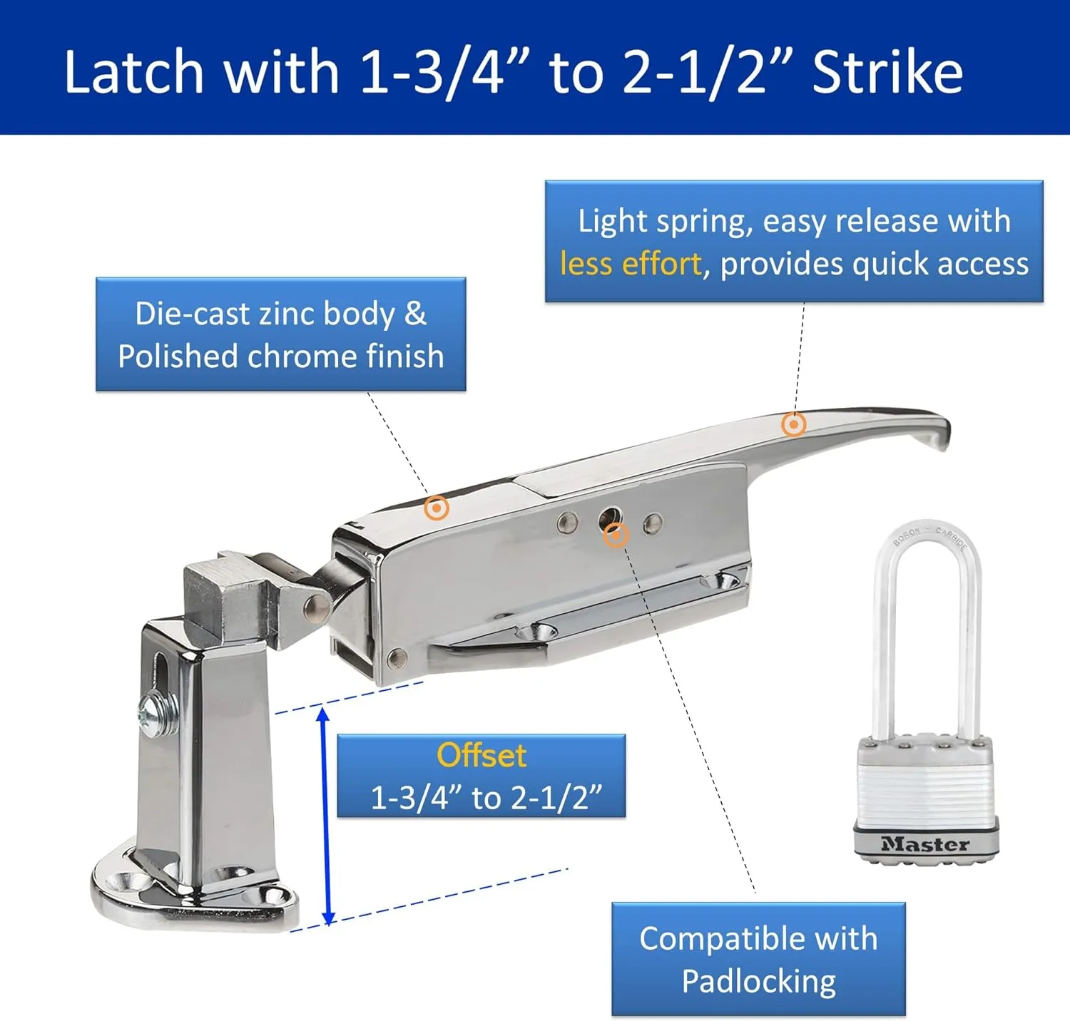 Kason 0058 Chrome Finish Latch with Roller Strike 58-44-54, 1-3/4” to 2-1/2” Offset, for Walk-in Cooler/Freezer Made in USA