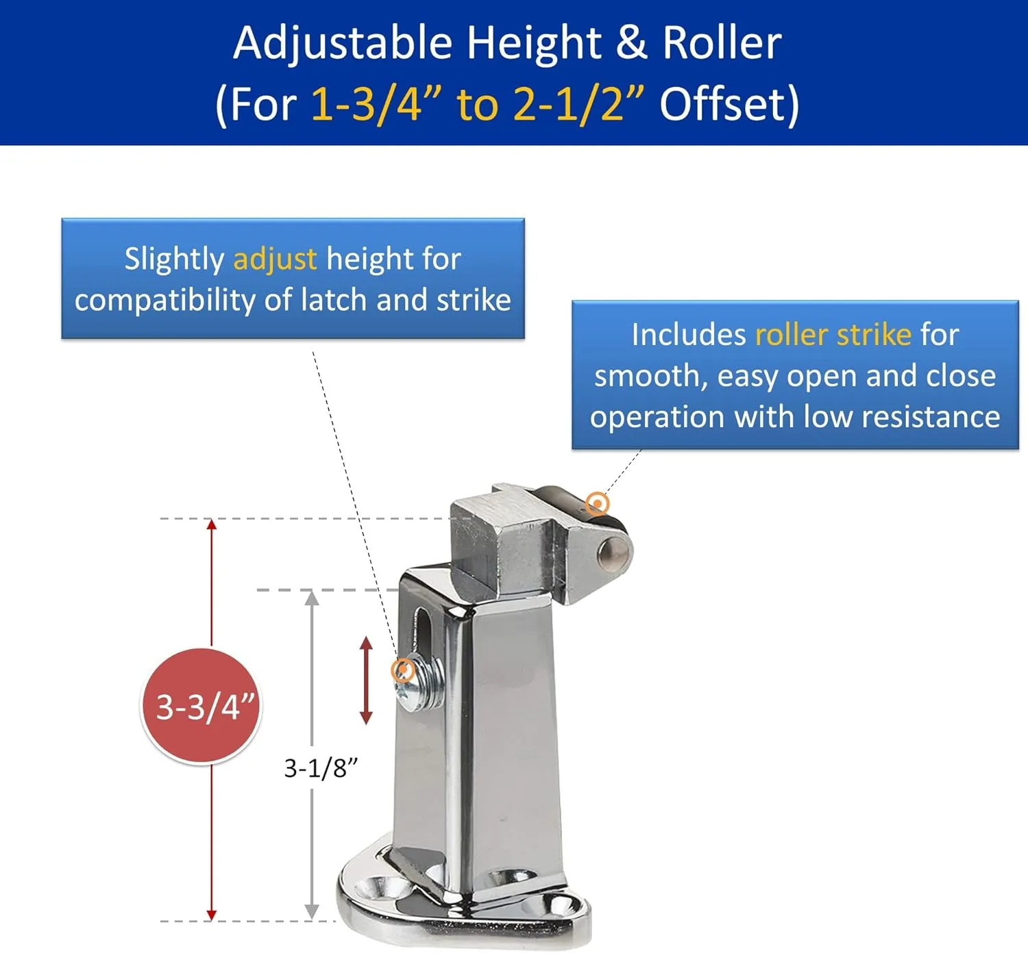 Kason 0058 Chrome Finish Latch with Roller Strike 58-44-54, 1-3/4” to 2-1/2” Offset, for Walk-in Cooler/Freezer Made in USA