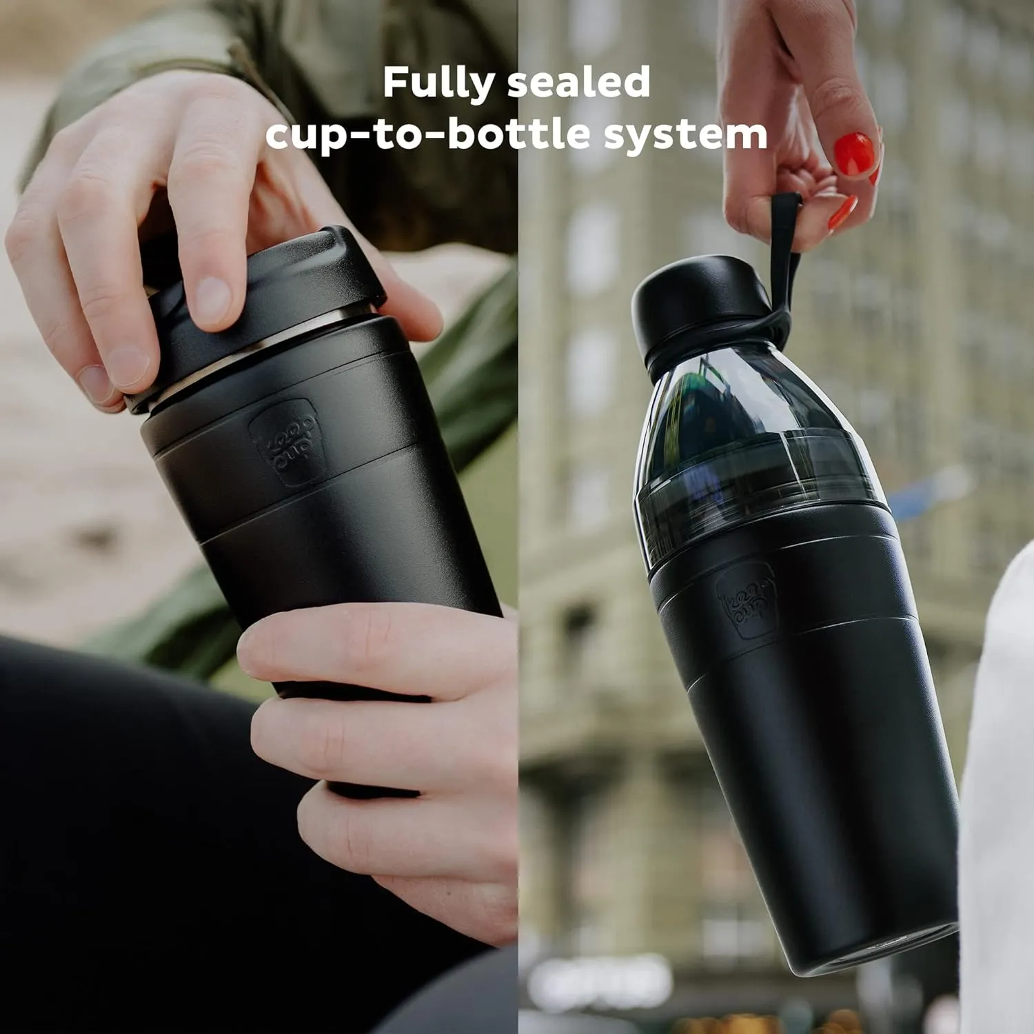 KeepCup Cup-to-Bottle Kit, 2 in 1 Reusable Water Bottle and Travel Mug, Insulated Stainless Steel & Plastic Dual Opening with Leakproof Sipper Lid - 530ml Bottle to 12oz Cup - Black