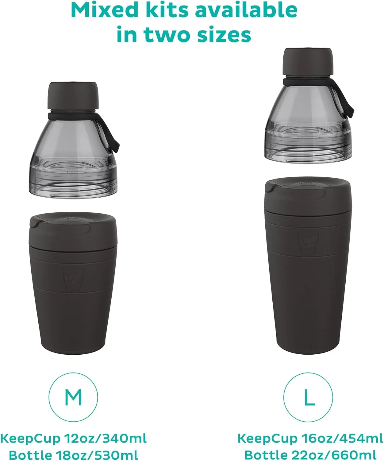 KeepCup Cup-to-Bottle Kit, 2 in 1 Reusable Water Bottle and Travel Mug, Insulated Stainless Steel & Plastic Dual Opening with Leakproof Sipper Lid - 530ml Bottle to 12oz Cup - Black